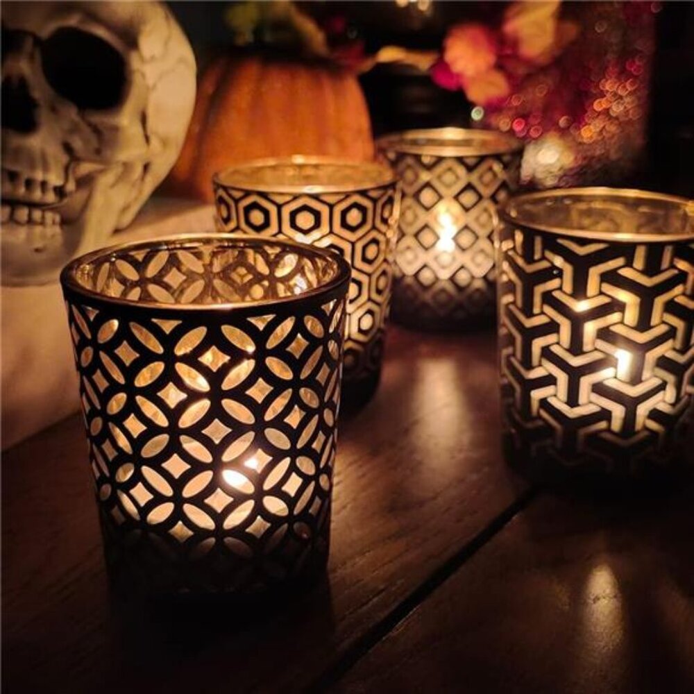 SHMILMH Halloween Votive Candle Holders Set of 12 Black Gold Glass Tealight‎